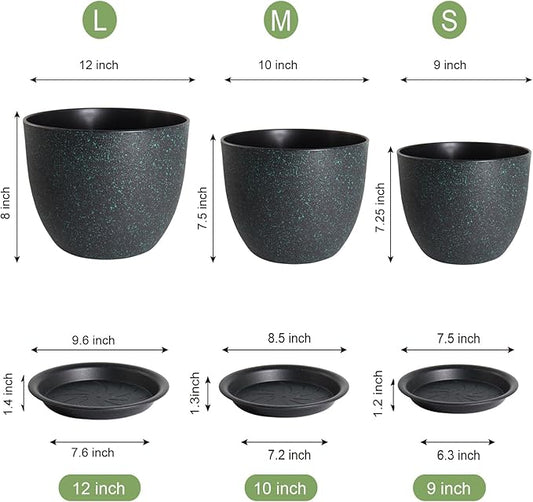 UOUZ 12/10/9 Large Modern Plant Pots, Plastic Planters with Drainage Holes and Saucers for Indoor Outdoor Plants Flowers, Black with Green Speckles