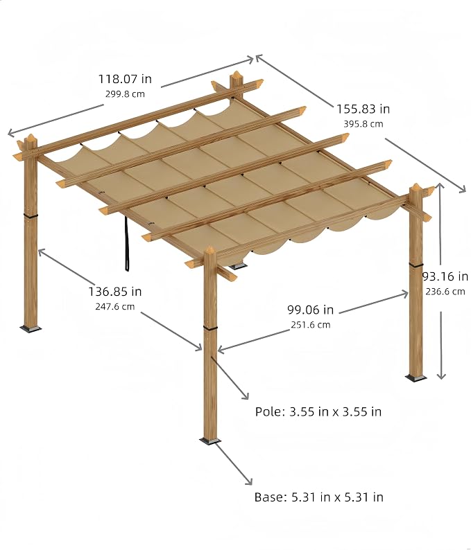 GarveeLife 10 x 13 ft Wood-Grain Aluminum Pergola Outdoor Pergola with Retractable Canopy Sun Shade Shelter for Garden, Patio, Backyard, Deck - Khaki