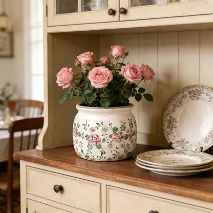 Flower Pots Planters for Indoor Plants Ceramic Plant Pots with Drainage 6.1 Inch Vintage Ceramic Pots for Plants Outdoor Home Garden Decor, Rustic Pink Camellia