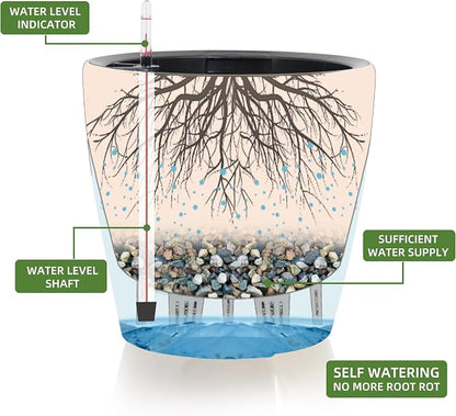 Dexceder 9x8 Self Watering Planter (Black Gold Crackle) | Inner Pot Design, Thickened Table Flower Plant Pot with Water Level Indicator Indoor Outdoor