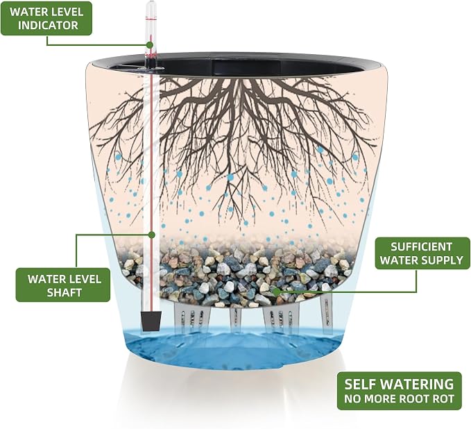 Dexceder 11x10 Self Watering Planter (Black Gold Crackle) | Inner Pot Design, Thickened Table Flower Plant Pot with Water Level Indicator Indoor Outdoor