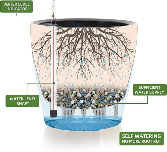 Dexceder 11x10 Self Watering Planter (Black Gold Crackle) | Inner Pot Design, Thickened Table Flower Plant Pot with Water Level Indicator Indoor Outdoor