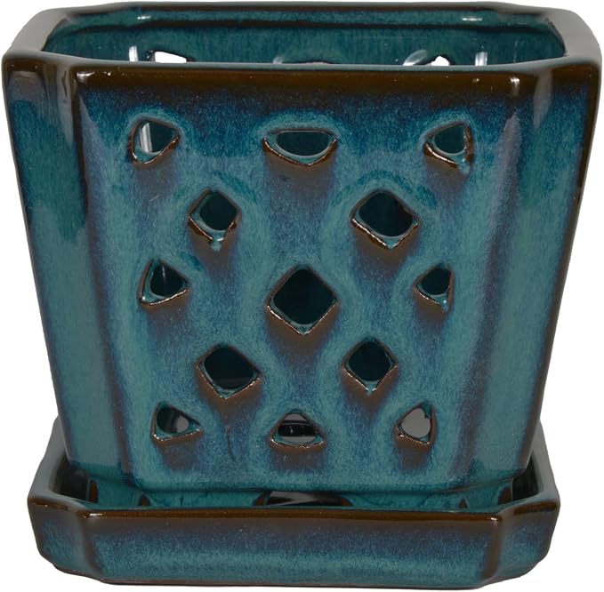 W&W Orchid Pot with Holes and Saucer for Repotting and Better Grow, Teal, 7"