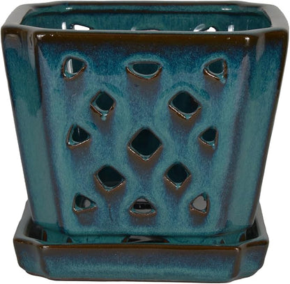 W&W Orchid Pot with Holes and Saucer for Repotting and Better Grow, Teal, 7"