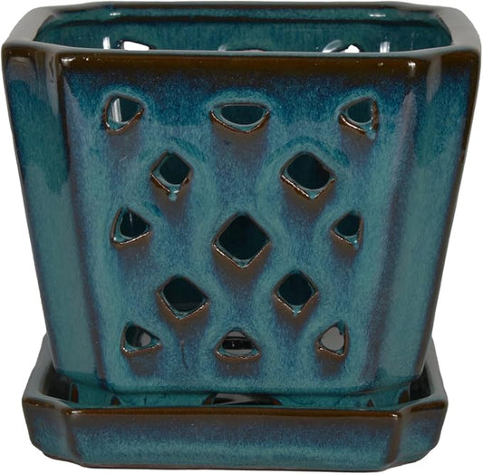 W&W Orchid Pot with Holes and Saucer for Repotting and Better Grow, Teal, 7"