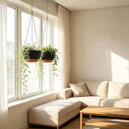 Set of 4-8 Inch Self Watering Hanging Planters for Indoor Outdoor，Hanging Plant Pots with Drainage & Removable Tray, Hanging Pots Holder for Ivy, Pothos, Ferns, Balcony & Patio, Black Brown