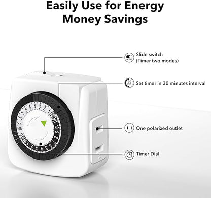 BN-LINK Indoor Timers Plug Mechanical 2 Prong 24-Hour Mini Lamp Timers 2 Pack, for Electrical Outlets, Fish Tank, Fans, LED Lights