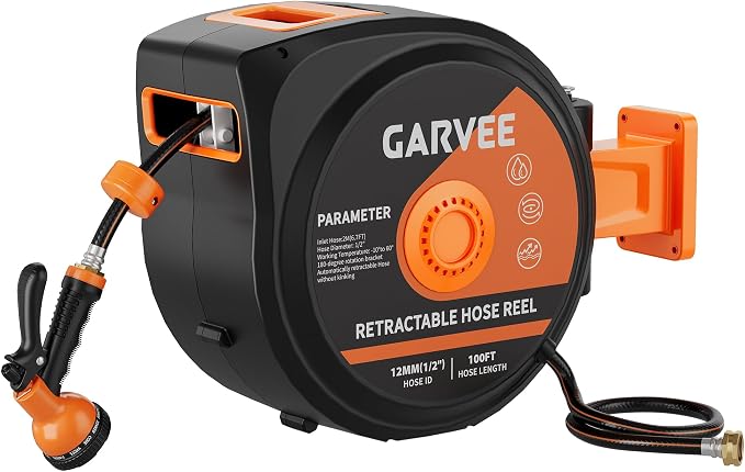 1/2 in x 100 ft Retractable Garden Hose Reel, Wall Mounted, 9-Function Nozzle, Any Length Lock, 180° Swivel, Auto Slow Rewind for Watering Lawn, Washing Car, Cleaning Patio