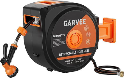 1/2 in x 100 ft Retractable Garden Hose Reel, Wall Mounted, 9-Function Nozzle, Any Length Lock, 180° Swivel, Auto Slow Rewind for Watering Lawn, Washing Car, Cleaning Patio