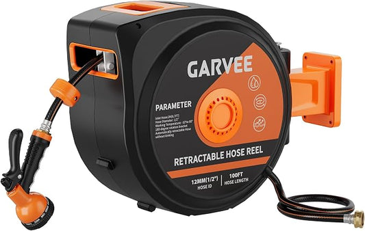 1/2 in x 100 ft Retractable Garden Hose Reel, Wall Mounted, 9-Function Nozzle, Any Length Lock, 180° Swivel, Auto Slow Rewind for Watering Lawn, Washing Car, Cleaning Patio