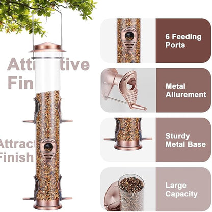 MIXXIDEA Metal Tube Bird Feeders for Outdoors - 6 Ports Hanging Feeder Attracts Wild Birds in Your Lawn, Garden, Balcony - Antique Copper - 1 Pack