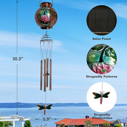Solar Wind Chimes for Outdoor, Dragonfly Garden Decorations Memorial Wind Chimes Deep Tone, Sympathy Windchimes with Detachable Solar Lanterns Outside Garden Décor, Gifts for Mom, Grandma-Dragonfly