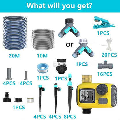 100FT Drip Irrigation System Kit with Smart Water Timer for Garden, 1/2" High-Flow Mainline Automatic Watering System, 16pcs Adjustable Nozzles & Sprays,Fast-Plug Kit for Yard,Lawn Agricultural