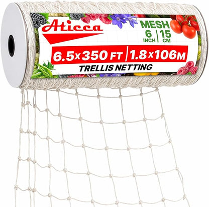 ATICCA Trellis Netting 6.5 x 350 ft Heavy Duty Polyester Plant Support Netting White - 6 Inch Garden Rope Trellis on Roll - Mesh Twine for Growing Vine Climbing Plants, Flowers, Peas, and Tomatoes.