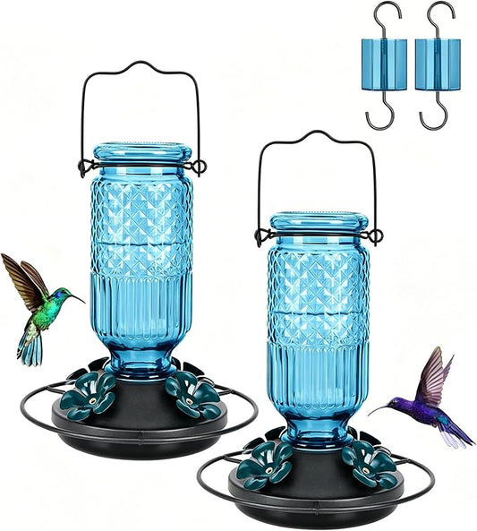FEED GARDEN Glass Hummingbird Feeder for Outdoors Hanging, 16 OZ Humming Bird Feeders with 4 Bee Guard Feeding Ports & Built-in Ant Moat, Hummingbird Gifts for Mom Bird Feeder for Outside, Blue,2 Pack