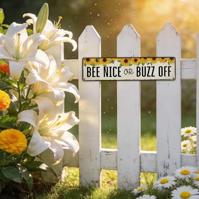 Honey Garden Metal Tin Sign, Funny Vintage Farmhouse Decor, Bee Nice or Buzz Off Sign, for Yard Fence Door Porch, Indoor Outdoor Garden Decoration, Ideal for Bee Lovers, 15.7 x 3.9 Inches