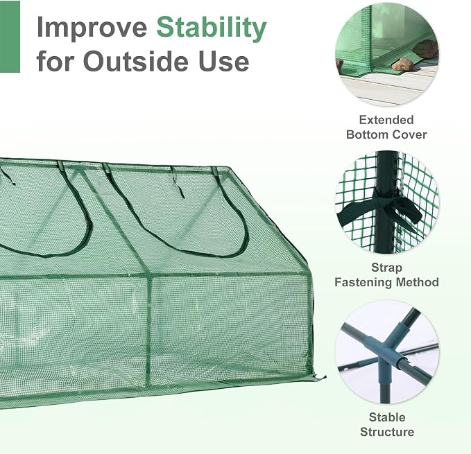 Aoodor 9 x 3 x 3 ft Mini Greenhouse with 3 Zipper Doors, Water-Resistant, UV-Protected for Flowers, Vegetables, and Herbs, Green
