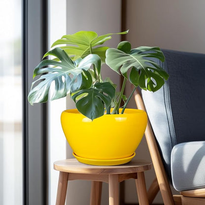 Ceramicfor Indoor Planter 11 Inch - Decorative Mid-Century Large Ceramic Plant Pot for Outdoor Plants with Drainage Hole and Saucer, Home Balcony House Garden Patio Office Room Decor, Yellow