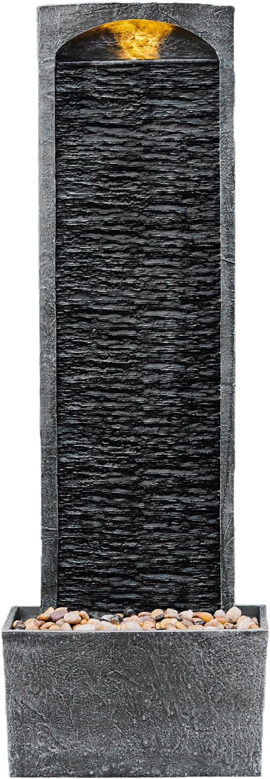 Teamson Home 38.5" Faux Slate Contemporary Outdoor LED Waterfall Fountain with Pebble Base, Gray/Black | Contemporary, Pebble Base
