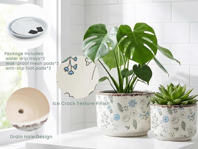 Ice Crack Plant Pots with Drainage, 6 & 7 inch Ceramic Planters for Indoor Outdoor Plants, Set of 2 Vintage Flower Pots, Rustic Tuscan Decor for Gardening, Kitchen Bedroom, Blue & Beige