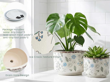 Ice Crack Plant Pots with Drainage, 6 & 7 inch Ceramic Planters for Indoor Outdoor Plants, Set of 2 Vintage Flower Pots, Rustic Tuscan Decor for Gardening, Kitchen Bedroom, Blue & Beige