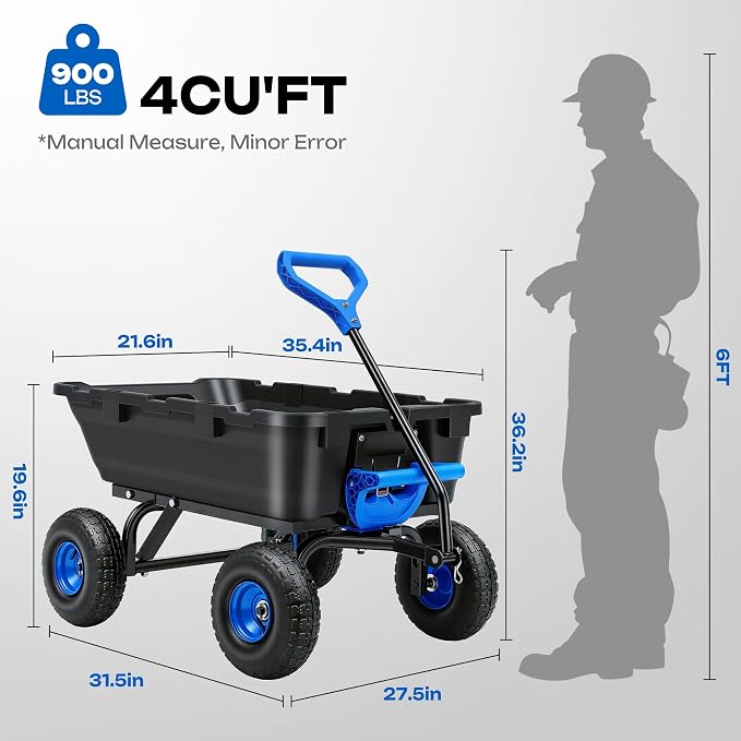 Wheelbarrow Garden Dump Cart Wagon | Upgrade 10" All Terrain Pneumatic Tires,DIY Expansion over 900LBS Capacity, Transportation in Yard, Farm, Garden,Blue