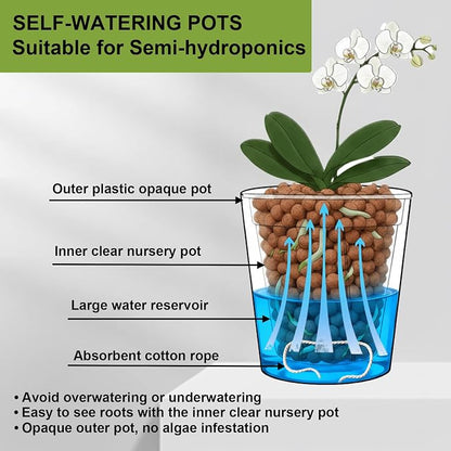 4 Pack of 7in and 5in Double-Layer Self-Watering Pot with Clear Nursery Pot - Indoor Planter with Drainage for Root Visibility,semi Hydro pots for repotting Orchids,Aroid or Monstera,White