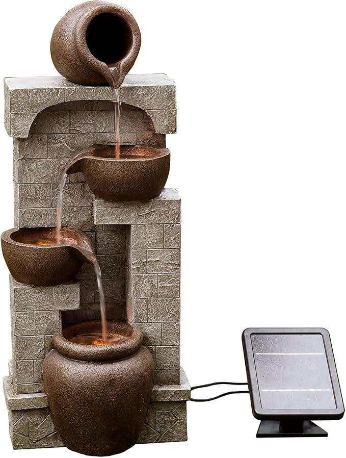Teamson Home 28 in. Cascading Bowls and Stacked Stones LED Outdoor Water Fountain for Outdoor Living Spaces to Create a Calming Oasis in Gardens and Landscaping, on Patios, Balconies, Lawns, Brown | Outdoor Water Fountain, For Gardens and Landscaping, ...