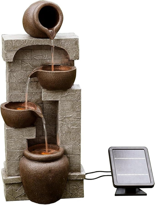 Teamson Home 28 in. Cascading Bowls and Stacked Stones LED Outdoor Water Fountain for Outdoor Living Spaces to Create a Calming Oasis in Gardens and Landscaping, on Patios, Balconies, Lawns, Brown | Outdoor Water Fountain, For Gardens and Landscaping, ...