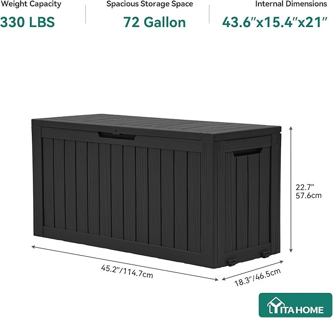 YITAHOME 72 Gallon Outdoor Storage Box w/Wheels | Resin Deck Box Indoor & Outdoor Patio Storage Box for Throw Pillows, Athletic Gear(Black)