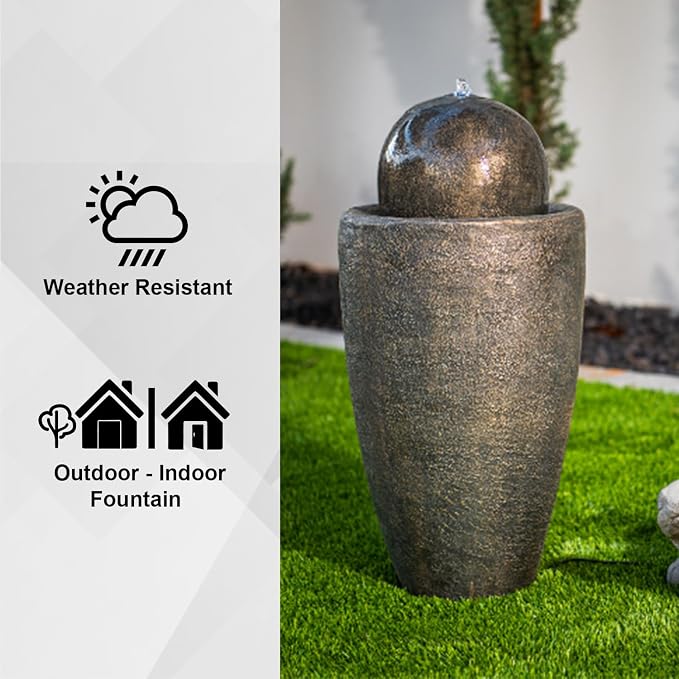 XBrand 25.98" Modern Sphere Water Fountain with LED Light – Indoor Outdoor Stone Texture Floor Fountain, Zen Bubbling Ball Water Feature for Garden Patio Porch - Bronze