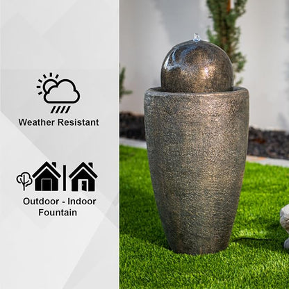 XBrand 25.98" Modern Sphere Water Fountain with LED Light – Indoor Outdoor Stone Texture Floor Fountain, Zen Bubbling Ball Water Feature for Garden Patio Porch - Bronze