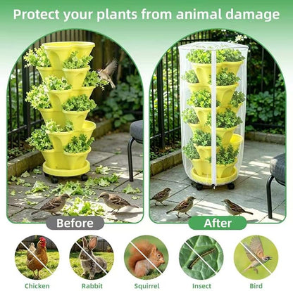 2PCS Mesh Vertical Planter Bug Netting, 39"X20" Large Stackable Planter Netting 5 Tier Strawberry Planter Protector White Round Garden Bird Netting Plant Cover with Zipper for Tomato Flower Fruit