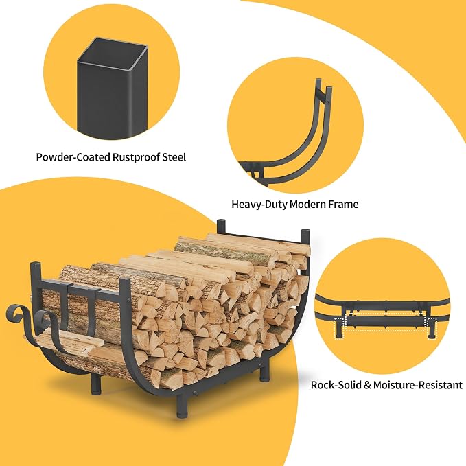 PROWORX Curved Firewood Rack Outdoor Indoor, Black 30 Inch Rustproof Fire Wood Storage Organizer, Metal Fireplace Log Holder with Removable Kindling Hooks