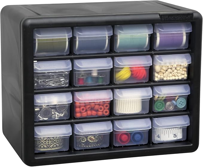 Akro-Mils 16-Drawer Plastic Drawer Storage Cabinet for Garage Organization, Beads, Makeup Organizer, Building Bricks Storage, Teacher Toolbox, 10-1/2" W x 6-1/2" D x 8-1/2" H, 10116 Black (Pack of 2)