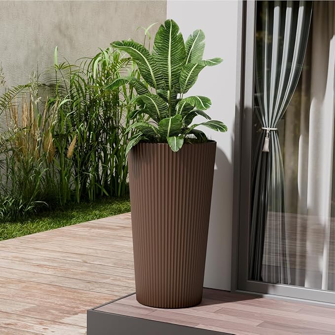 24" Tall Planters for Outdoor Plants,Large Outdoor Planters for Front Porch Decor with Drainage Hole, Flower Pots Fits Indoor Plants Patio/Garden, Plastic Striped Brown(2 Pack)