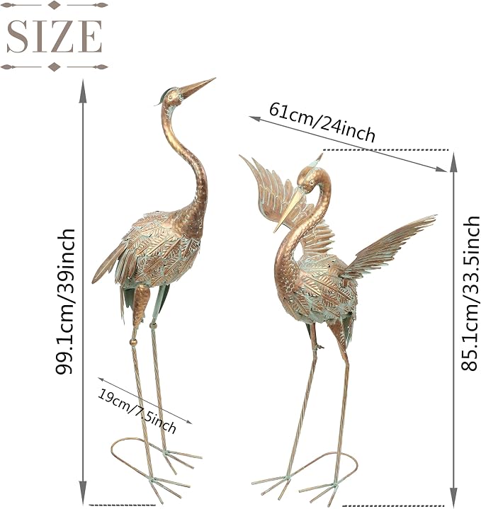 TERESA'S COLLECTIONS Garden Statues, Standing Metal Golden Heron Decoy Waterproof Outdoor Statue,33-39" Bird Yard Art for Outdoor Indoor Decorations,Outside Patio,Pool, Lawn,Set of 2,Gift for Mom