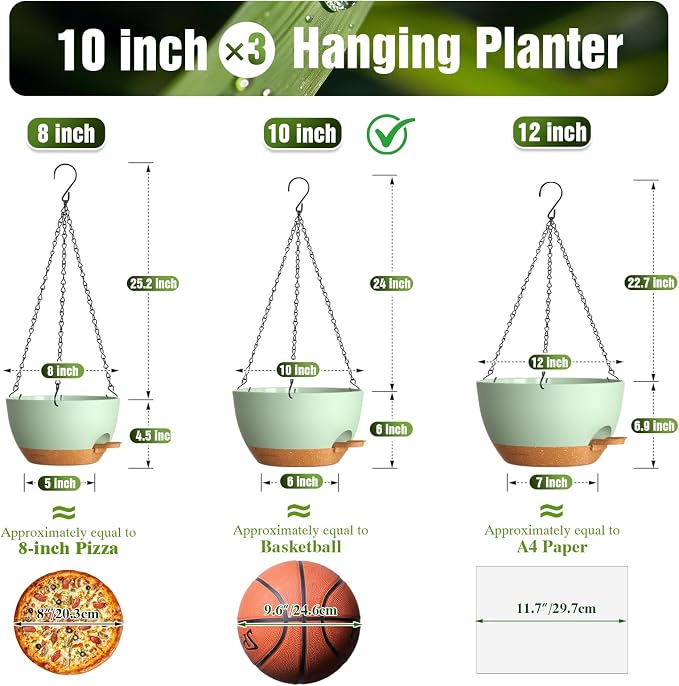 10 Inch Self-Watering Hanging Planters Set of 3 with Saucers | Set of 3 10-inch self-watering hanging planters with extra growing space, side-fill ports, chain hangers & snap-on saucers