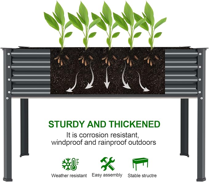 Land Guard Galvanized Raised Garden Bed with Legs, 48×24×32in Large Metal Elevated Raised Planter Box with Drainage Holes for Backyard, Patio, Balcony, 700lb Capacity(Grey)……