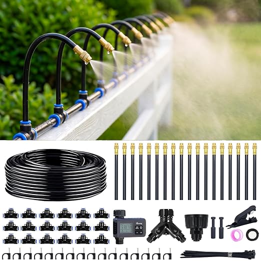 100FT 1/4" Drip Irrigation System with Timer | 360° Adjustable 18 Misting Nozzles, Garden Watering Kit for Raised Beds Lawn Yard