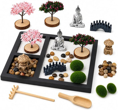 Zen Garden for Desk - Mini Tabletop Zen Garden with Buddha Decor | Black tray with Buddha, bridge, moss & pebbles. Decorative Zen display for office desks, shelves, meditation & home décor.