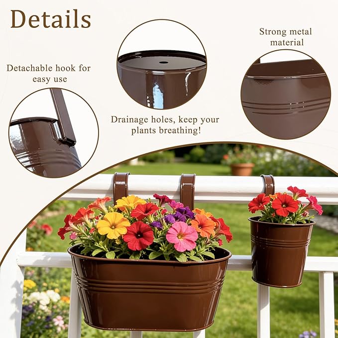 Set of 12 Balcony Hanging Planters, 4 Pcs 17" Metal Railing Flower Pots & 4 Pcs 12" Deck Planter & 4 Pcs 4" Fence Pot for Outdoor Patio Garden Décor, Chocolate