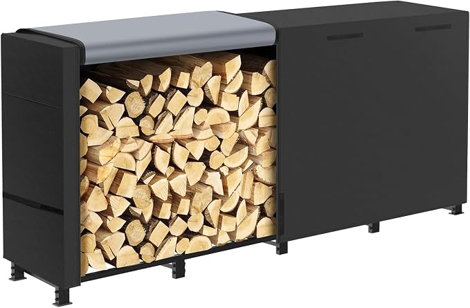 8ft Firewood Rack Outdoor with Waterproof Widened Cover, Heavy Duty Firewood Holder Included Supporting Strap, Powder-coated Wood Rack for Firewood Storage