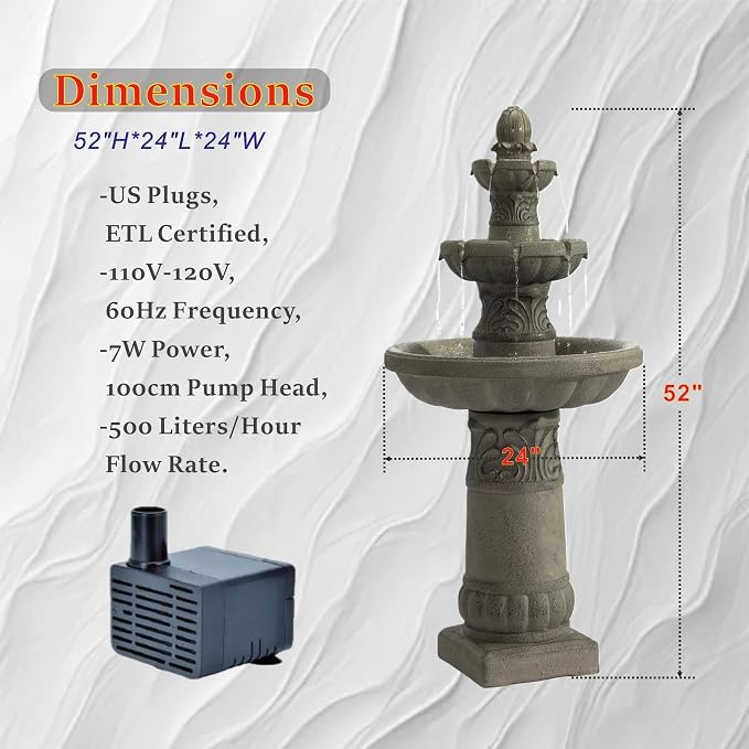 52" H 3-Tier Outdoor LED Garden Fountain, Large Floor Standing Cascading Waterfall with Bubbler Design, Resin Water Feature for Patio Yard Garden, Gray