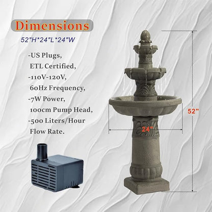 52" H 3-Tier Outdoor LED Garden Fountain, Large Floor Standing Cascading Waterfall with Bubbler Design, Resin Water Feature for Patio Yard Garden, Gray