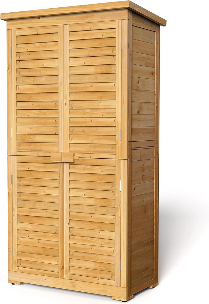 Gizoon Outdoor Storage Cabinet with 3 Shelves, Double Lockable Wooden Garden Shed with Waterproof Roof, Outside Vertical Tall Tool Shed for Yard Patio Lawn Deck-Natural