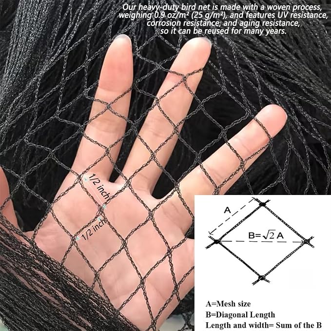 Junflying Bird Netting 15x40 Ft, 1/2" Heavy Duty Garden Protection Cover | Durable 25 GSM HDPE Netting Protects Fruit Trees, Vegetables and Blueberries From Deer, Chickens and Wildlife