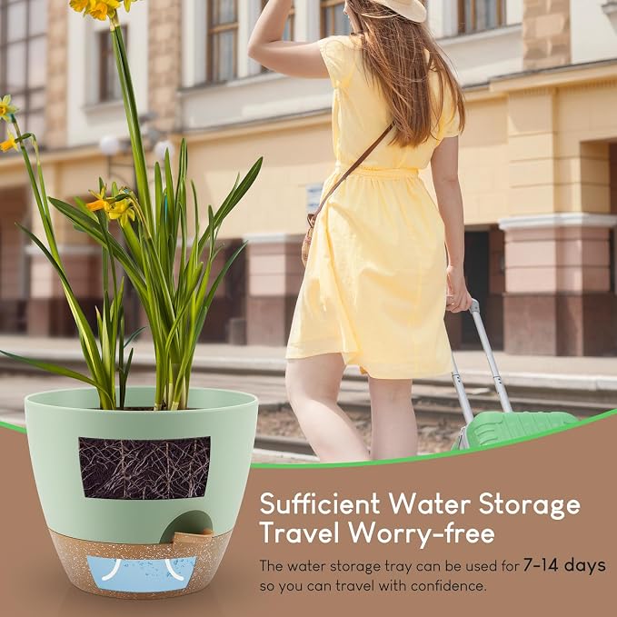 YNNICO Plant Pots 10/9/8/7.5/7 inch, Self Watering Planters with Drainage Holes & Saucers for Indoor and Outdoor Plants (Green)