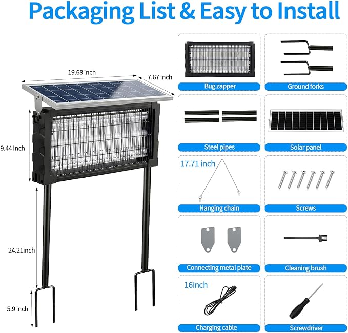 2026 Solar Mosquito Zapper Outdoor Bug Zapper Outdoor | Solar 4500V Waterproof Electric Fly Trap with Panel Sensor & Indoor Insect Zapper for Home Backyard Patio Camping Garden