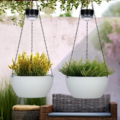 SUNNYPARK 2 Pack Solar Hanging Planters for Plants Outdoor | Self Watering, White Flower Pots with Solar Light, Hanging Garden Planters with Drainer for Balcony Patio Outdoor Decor